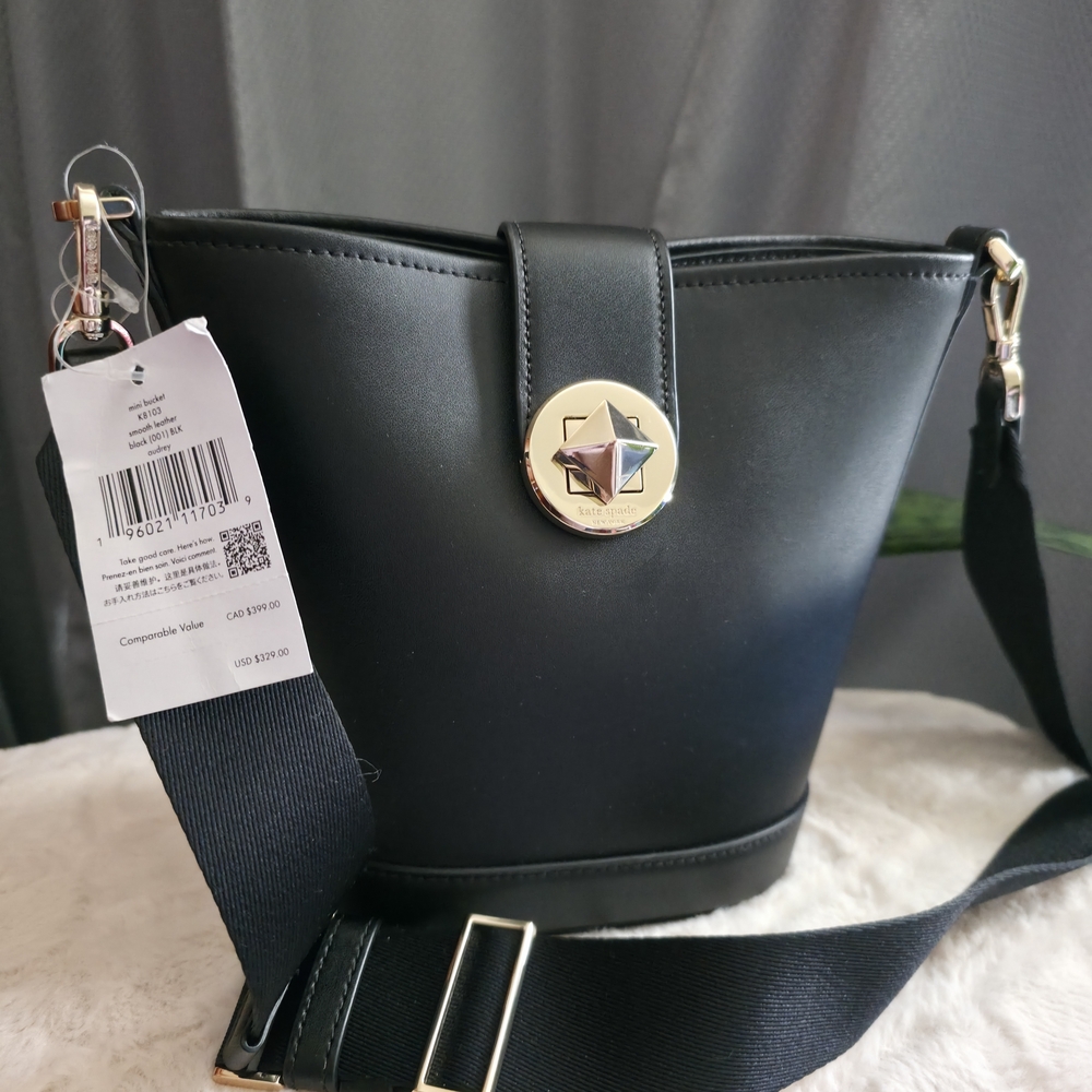 kate spade Black Leather Crossbody Bucket Bag with Gold Star Medallion